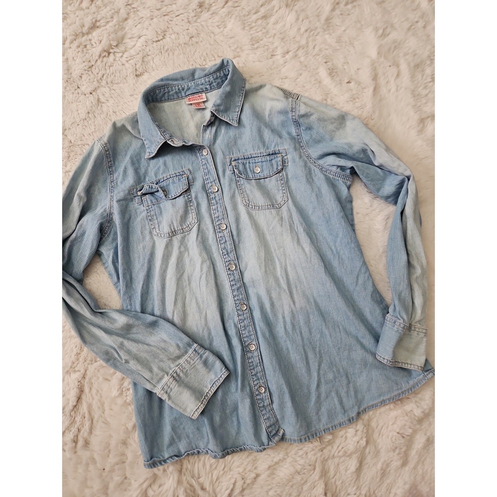 Mossimo Y2K Light Wash Denim Button Down Shirt XL Retro Distressed